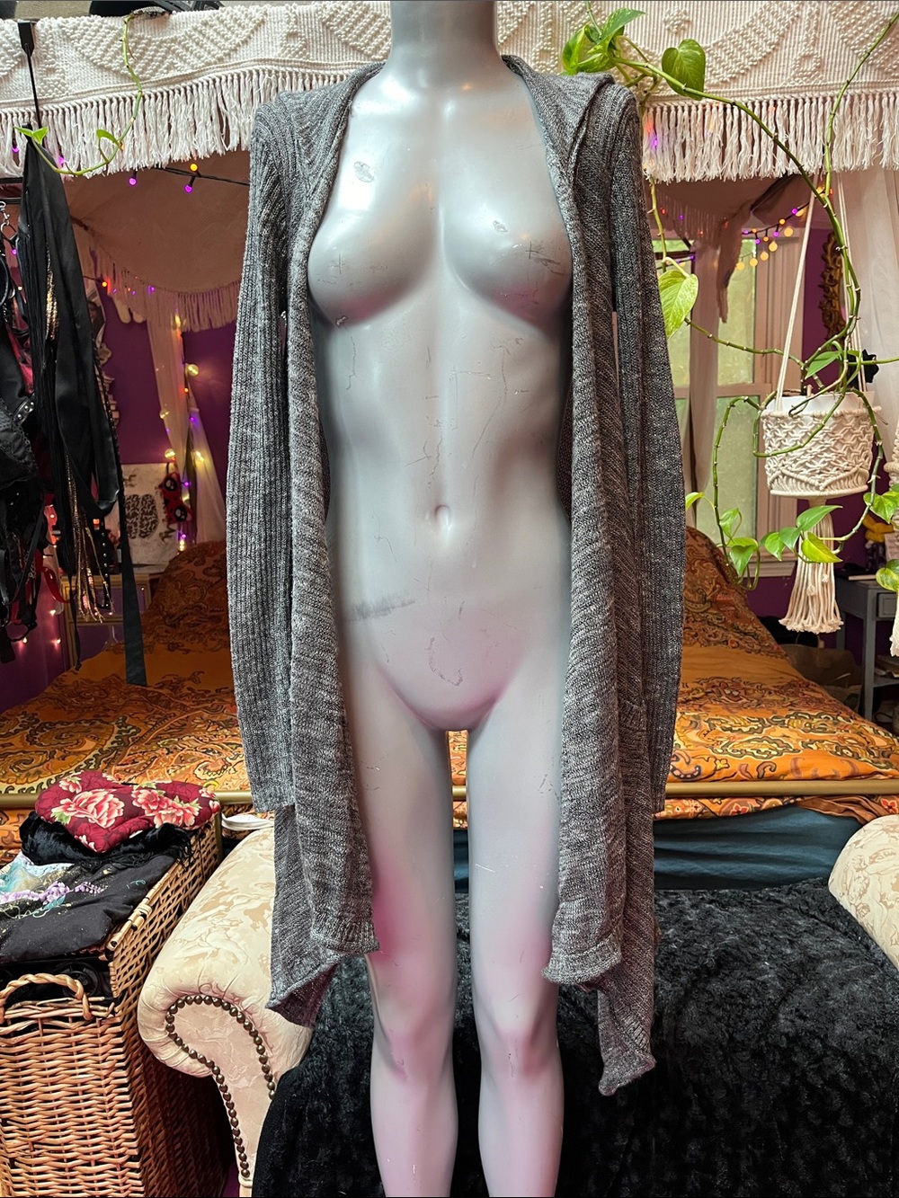 Vintage Y2K grunge heathered gray hood waterfall asymmetrical cardigan sweater